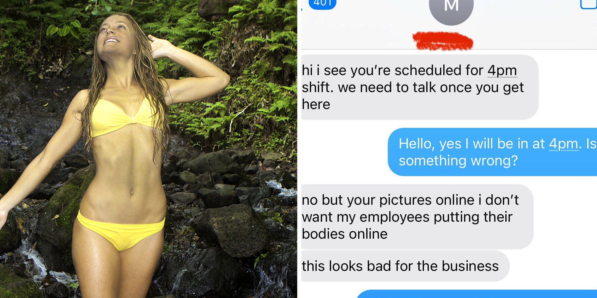 Left: young woman in a tropical waterfall a yellow bikini in Hawaii Right: Text exchange between a boss and his employee reprimanding her for posting a bikini photo on her social media
