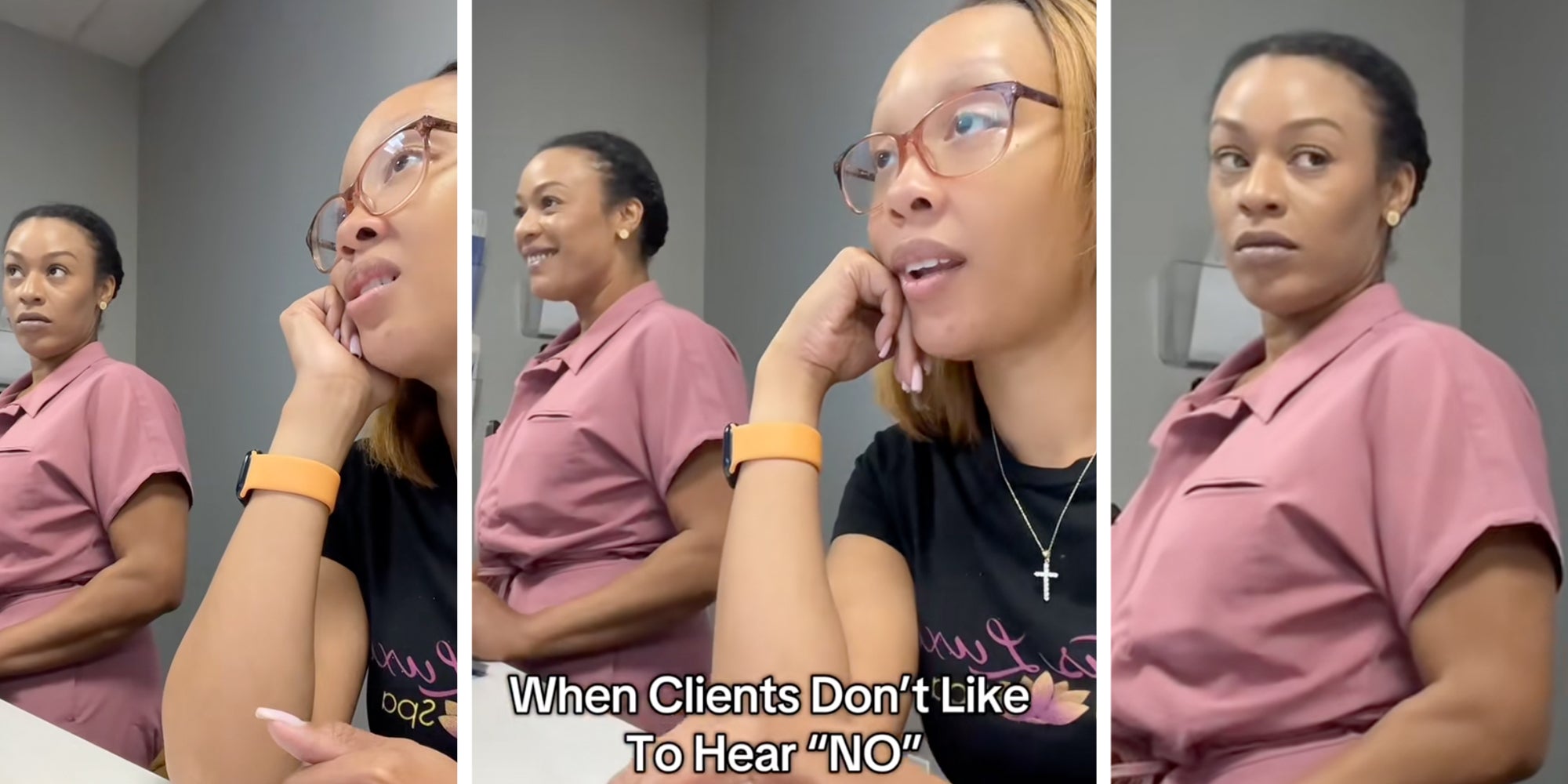 3 Panel: MedSpa nurses behind a counter looking and speaking to a man