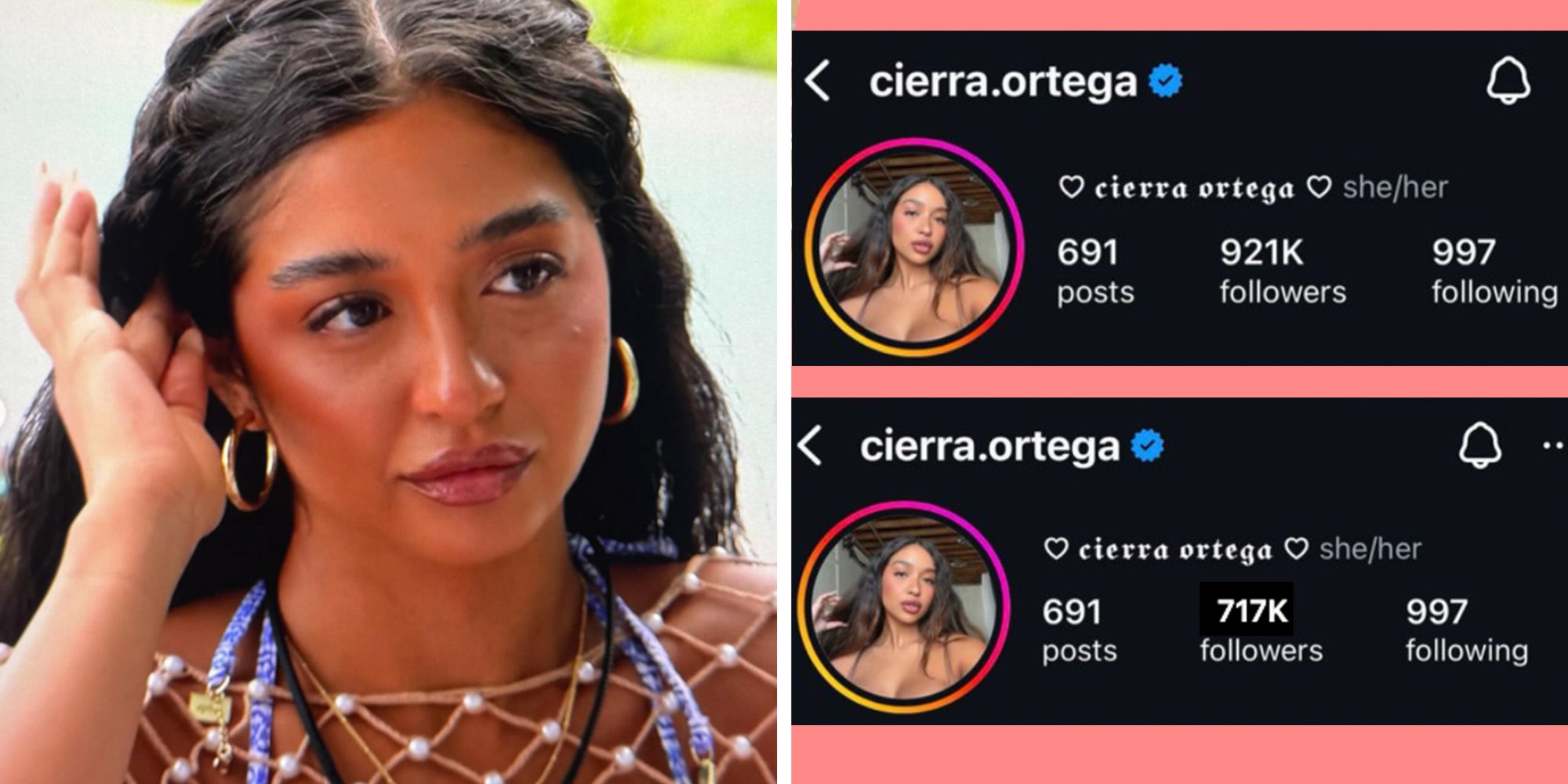 Left: Screenshot of Love Island USA Season 7 star Cierra Ortega Right: Cierra Ortega's Instagram follower count