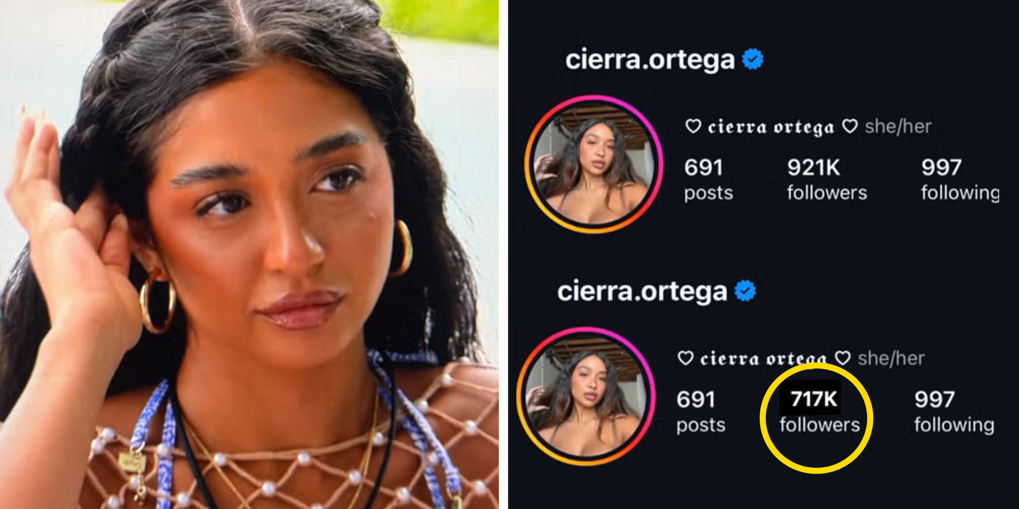 Left: Screenshot of Love Island USA Season 7 star Cierra Ortega Right: Cierra Ortega's Instagram follower count