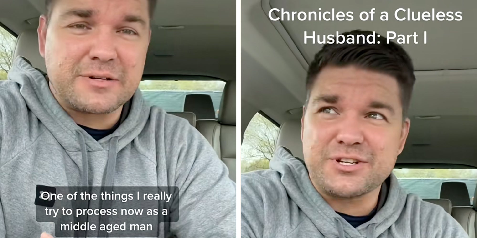 Man talking into camera while sitting in the car in a gray hoodie under caption reading "Chronicles of a clueless husband: Part 1"