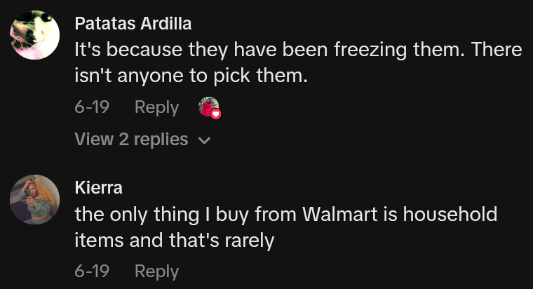 TikTok comments including one reading 'It's because they have been freezing them. There isn't anyone to pick them.'