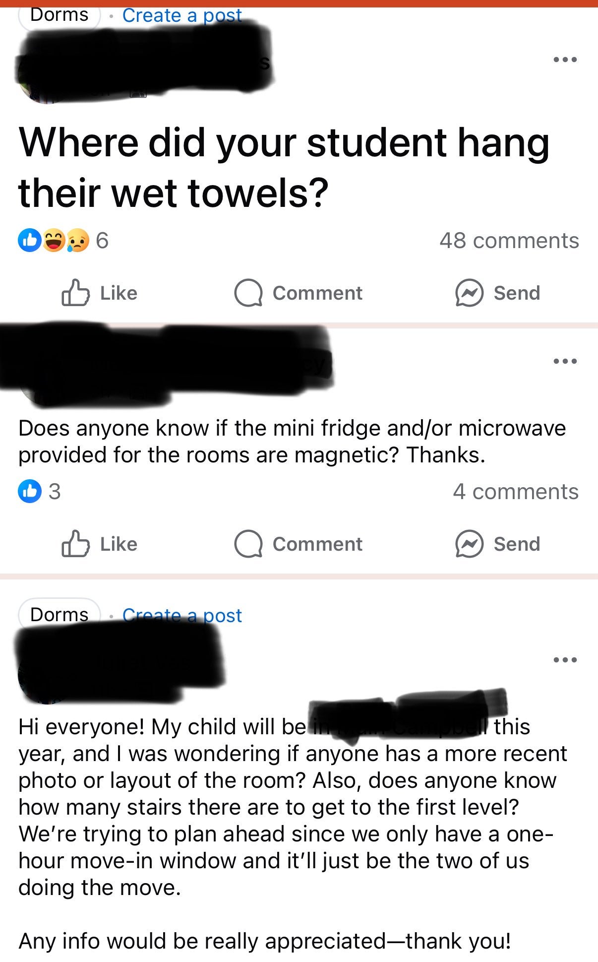 Facebook posts asking 'Where did your student hang their wet towels?' and other questions.