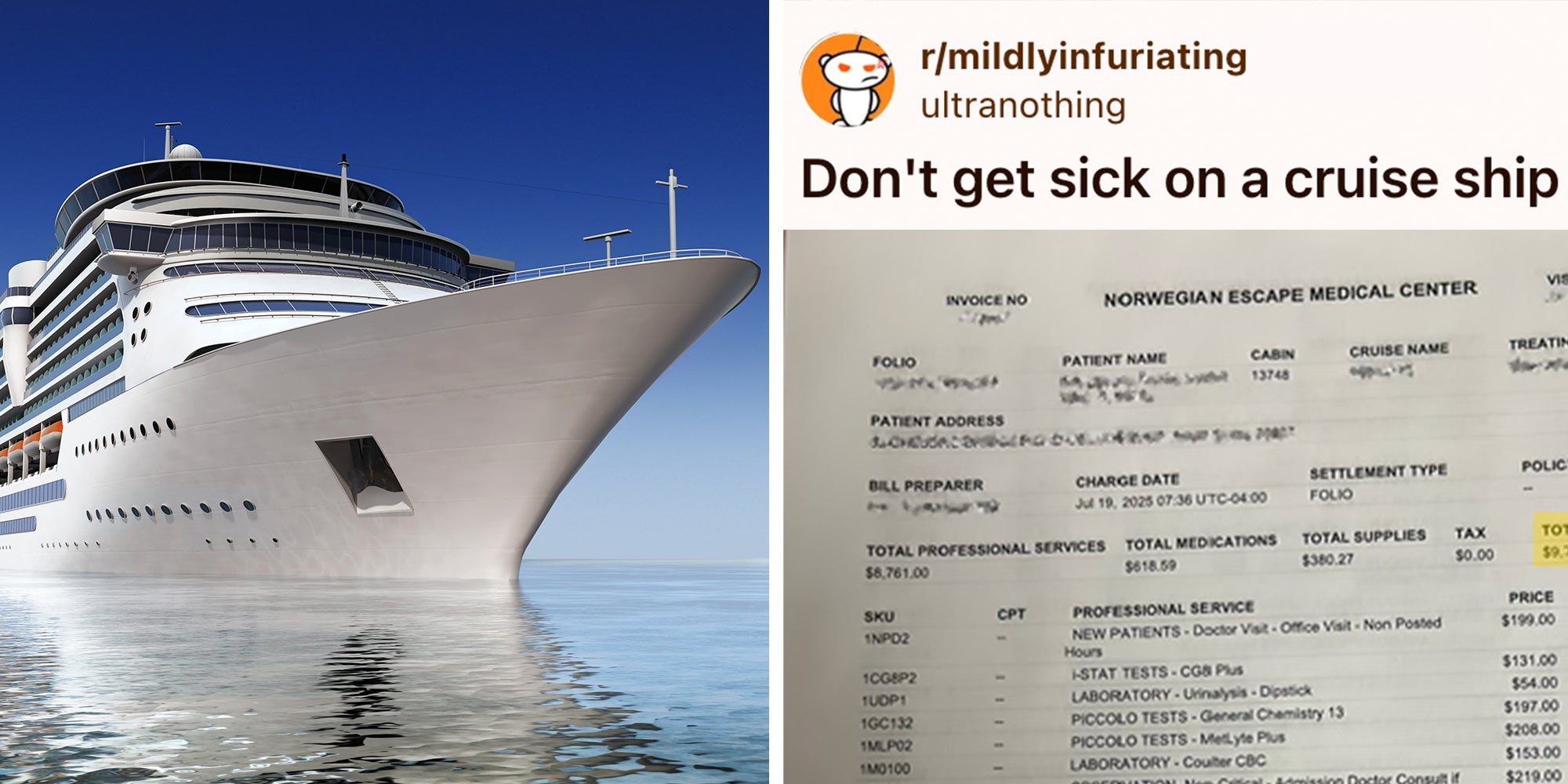 Left: Luxury white cruise ship shot at angle at water level on a clear day with calm seas and blue sky Right: Medical bill from cruise ship