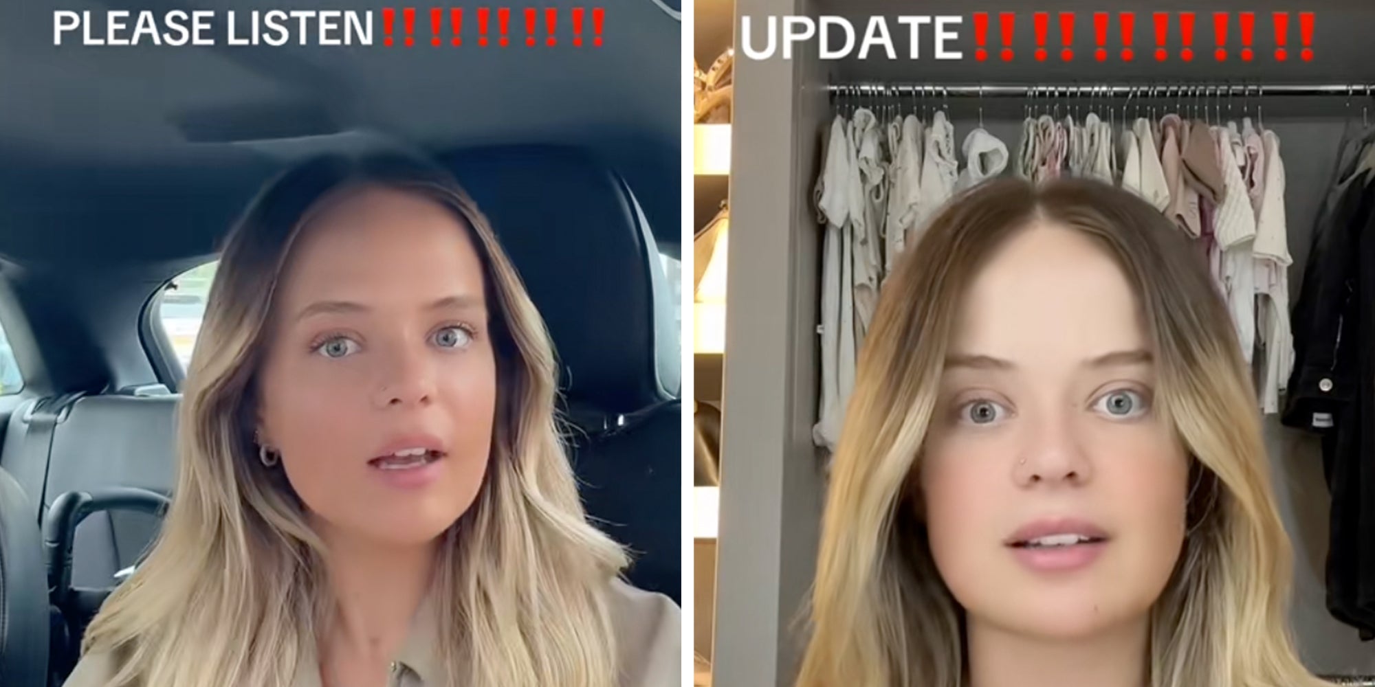 Left: Blonde woman sitting in a car under caption reading 'Please listen!' Right: Same blonde woman under caption reading 'Update!'