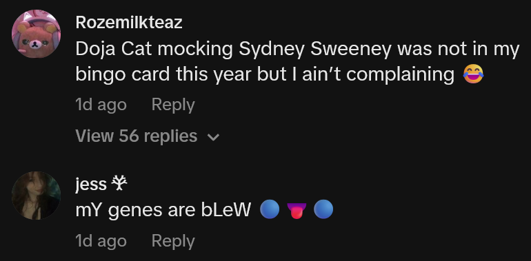 TikTok comments including one reading 'Doja Cat mocking Sydney Sweeney was not in my bingo card this year but I ain’t complaining'