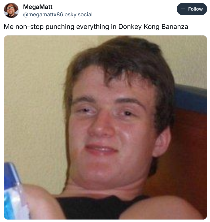 Bluesky post reading 'Me non-stop punching everything in Donkey Kong Bananza' with a photo of a strange smiling man.