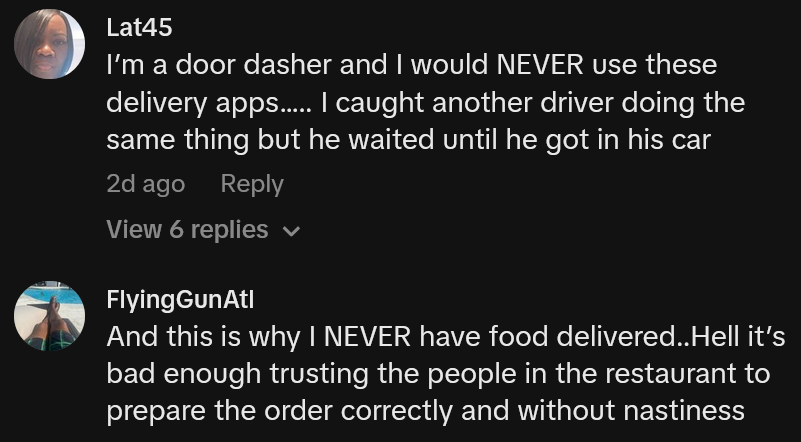 TikTok comments including one reading 'I’m a door dasher and I would NEVER use these delivery apps….. I caught another driver doing the same thing but he waited until he got in his car'
