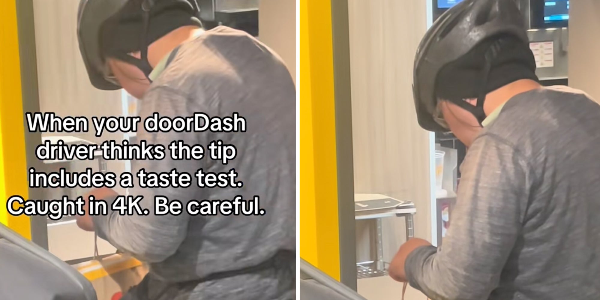 DoorDash driver eating McDonald's fries in the store before packaging up the bag under caption reading: 'When your DoorDash driver thinks the tip includes a taste test. Caught in 4K. Be careful.'