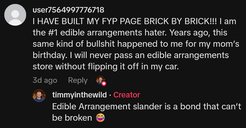 TikTok comment reading 'I HAVE BUILT MY FYP PAGE BRICK BY BRICK!!! I am the #1 edible arrangements hater. Years ago, this same kind of bullshit happened to me for my mom’s birthday. I will never pass an edible arrangements store without flipping it off in my car.'