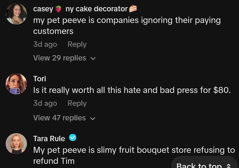 TikTok comments including one reading 'my pet peeve is companies ignoring their paying customers'