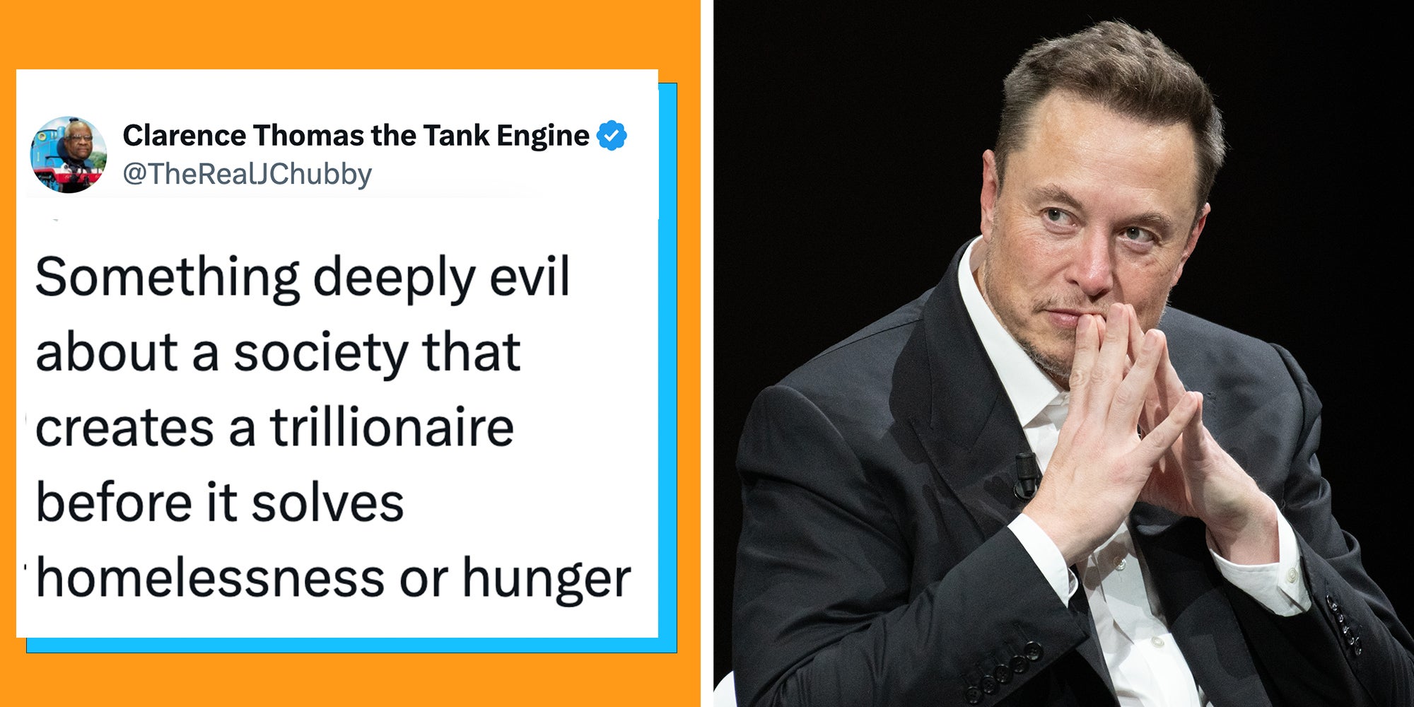 Left: Tweet reading 'Something deeply evil about a society that creates a trillionaire before it solves homelessness or hunger.' Right: Elon Musk, founder, CEO, and chief engineer of SpaceX, CEO of Tesla, CTO and chairman of Twitter, Co-founder of Neuralink and OpenAI, at VIVA Technology (Vivatech)