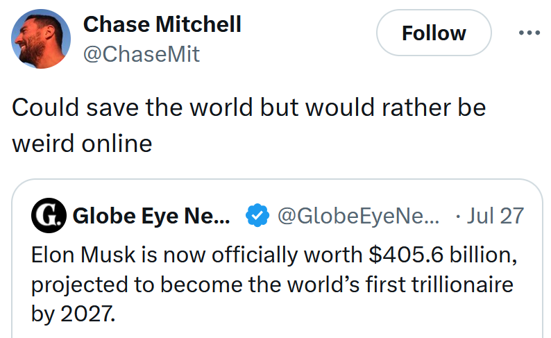 Tweet reading 'Could save the world but would rather be weird online'