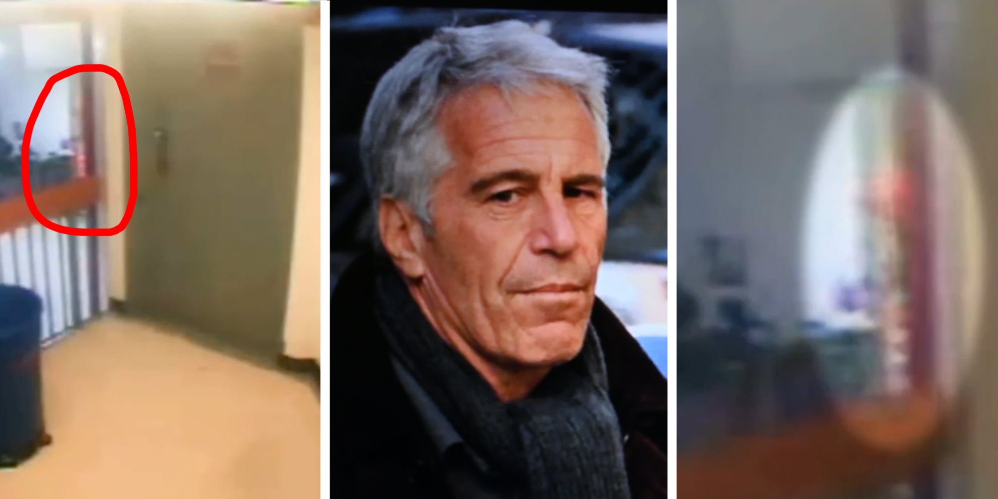 3 Panel: Middle: Jeffrey Epstein. Left and Right: Grainy orange shape seen ascending stairs to Jeffrey Epstein's prison cell