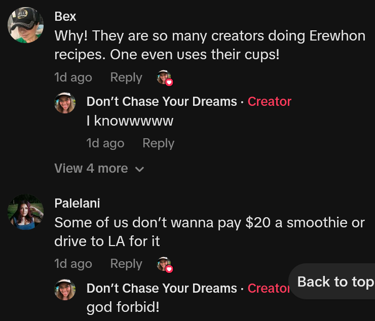 TikTok comments including one reading 'Why! They are so many creators doing Erewhon recipes. One even uses their cups!'