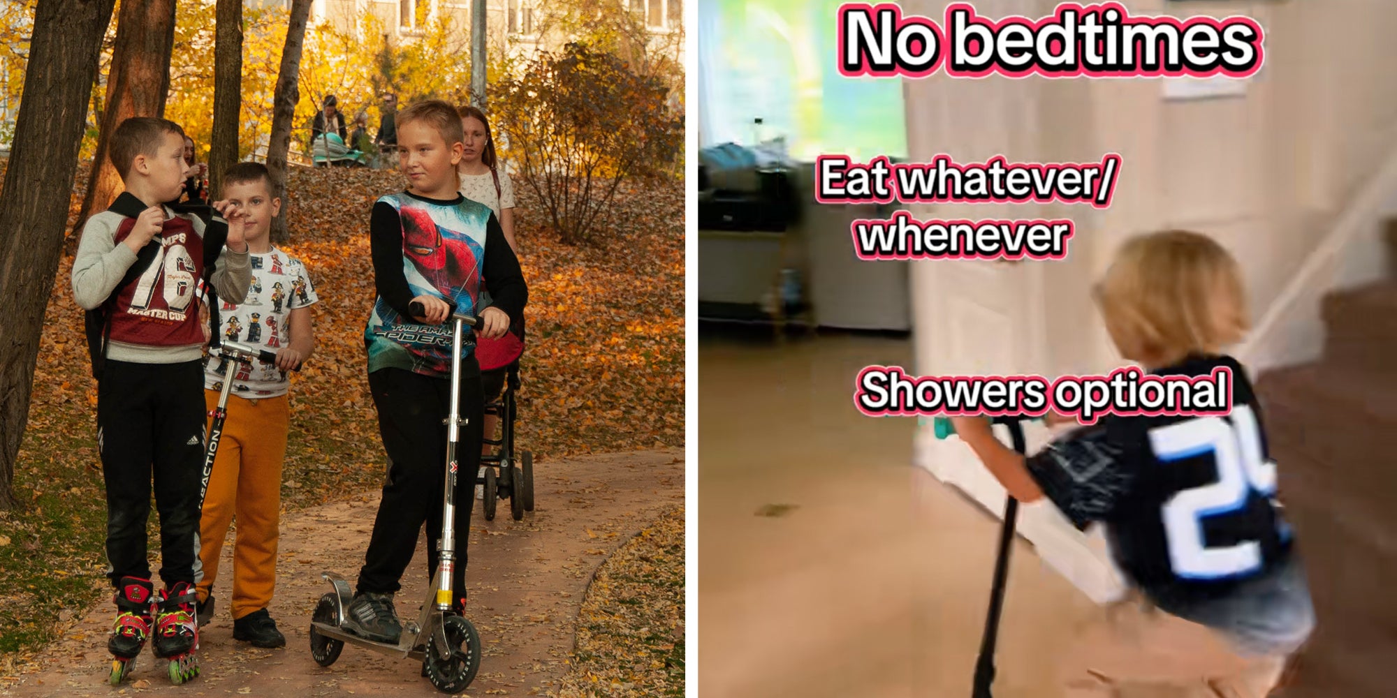 Left: Children ride scooters and roller skates in the autumn park Right: Boy riding scooter under caption reading: 'No bedtimes, eat whatever/whenever, showers optional'