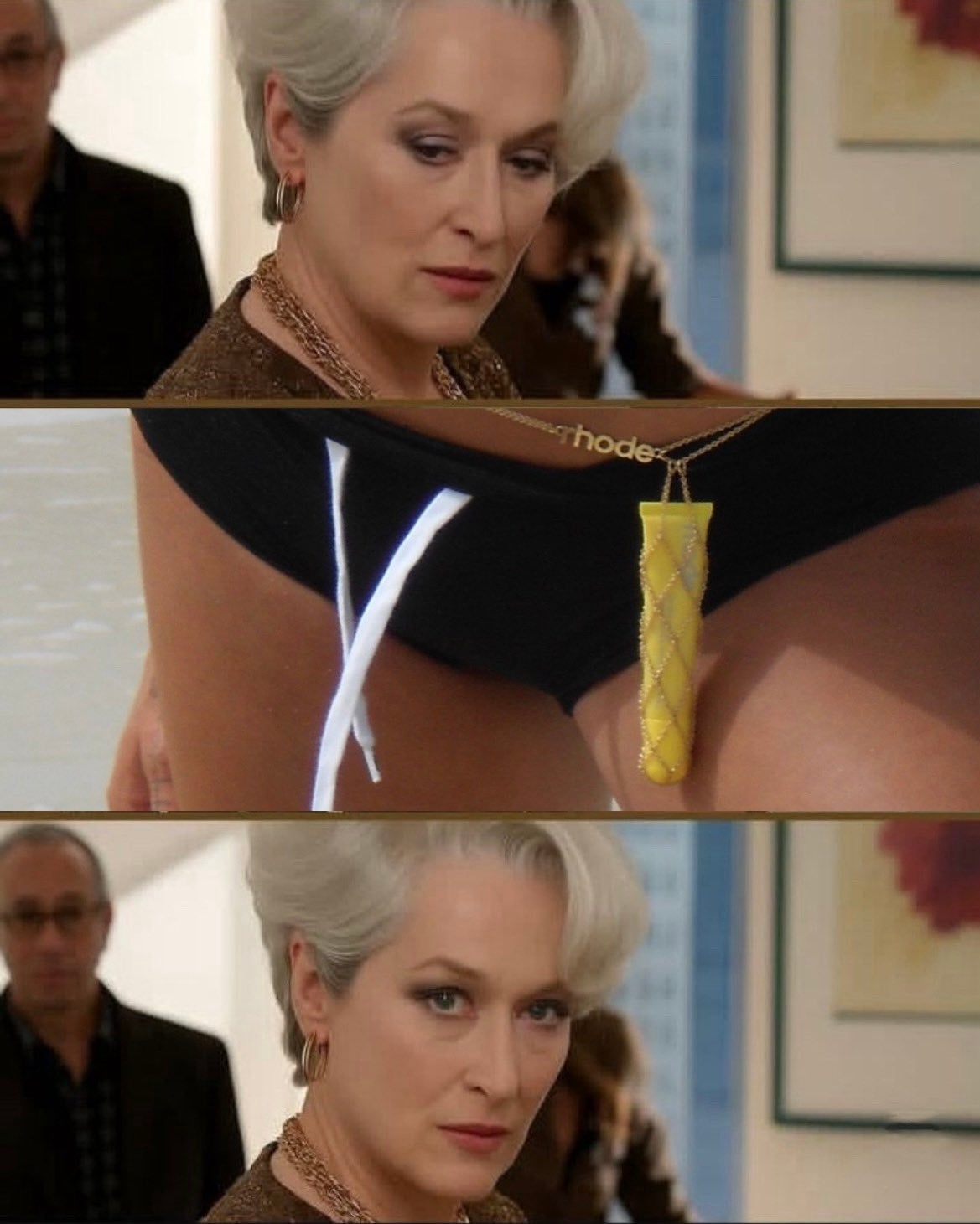 The Devil Wears Prada meme featuring Hailey Bieber's lip tint holding waist chain.