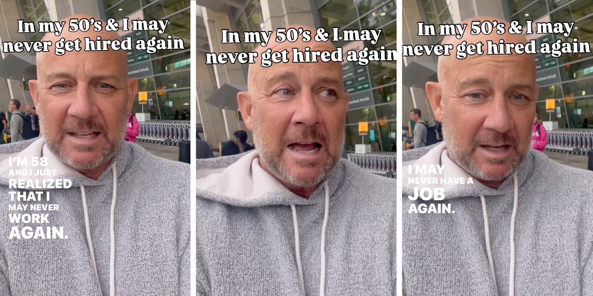 Man looking into camera under caption reading 'In my 50's & I may never get hired again'