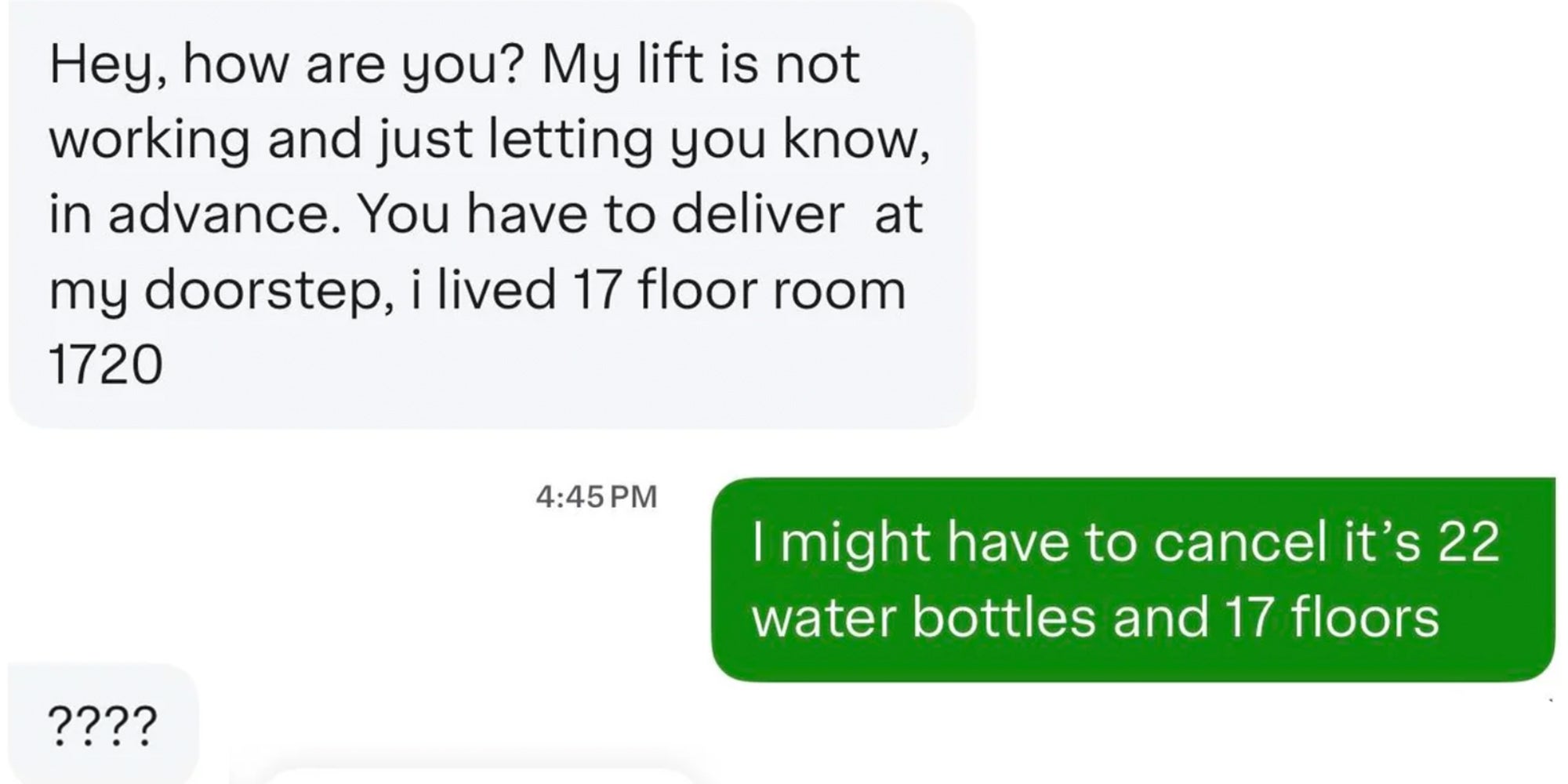 Screenshot of texting conversation between customer demanding Instacart Shopper carry 22 water bottles up 17 floors