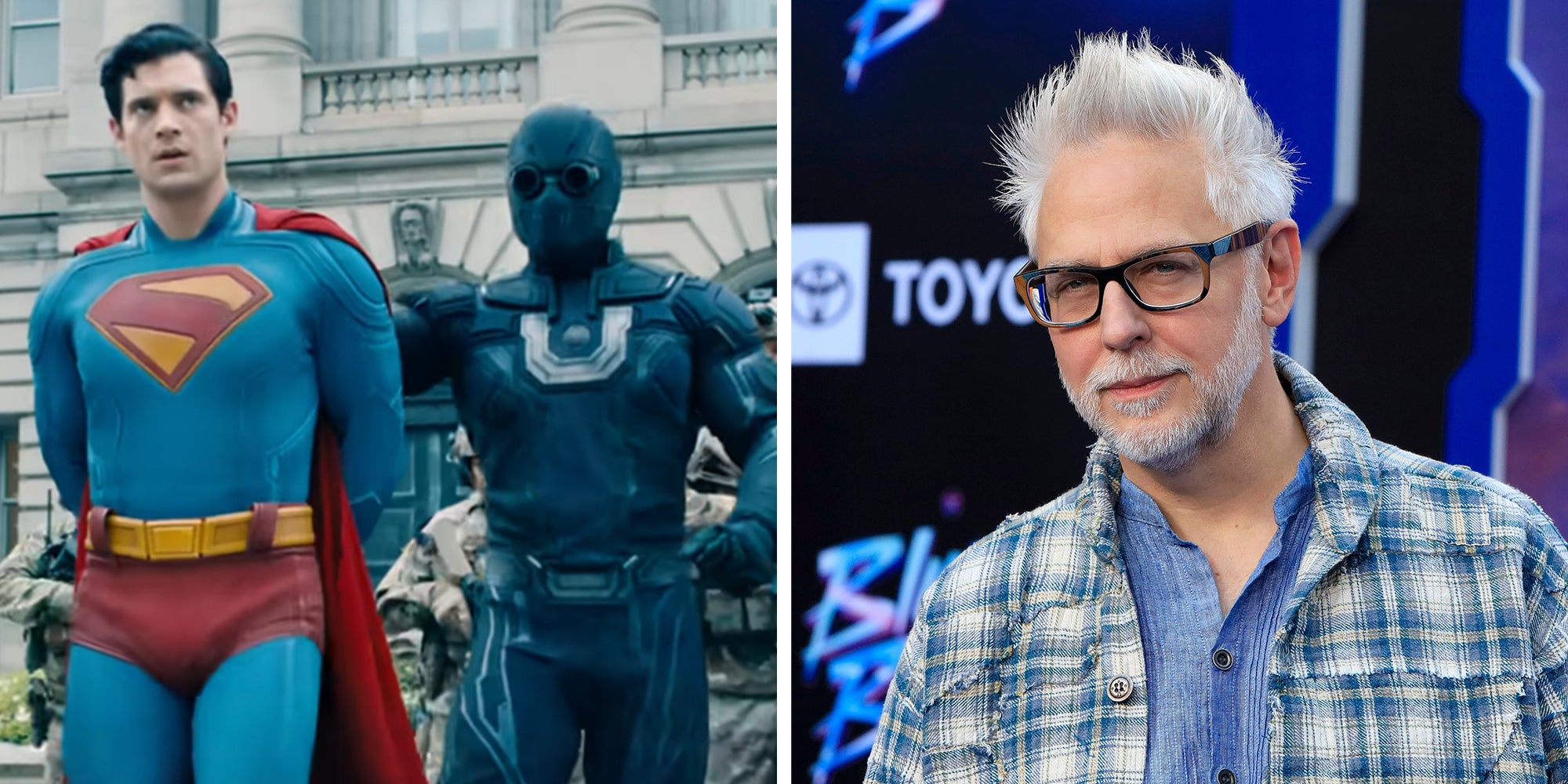Left: Screenshot from 2025 Superman movie of Superman being arrested. Right: James Gunn at Blue Beetle Los Angeles Premiere at the TCL Chinese Theater IMAX on August 15, 2023 in Los Angeles, CA