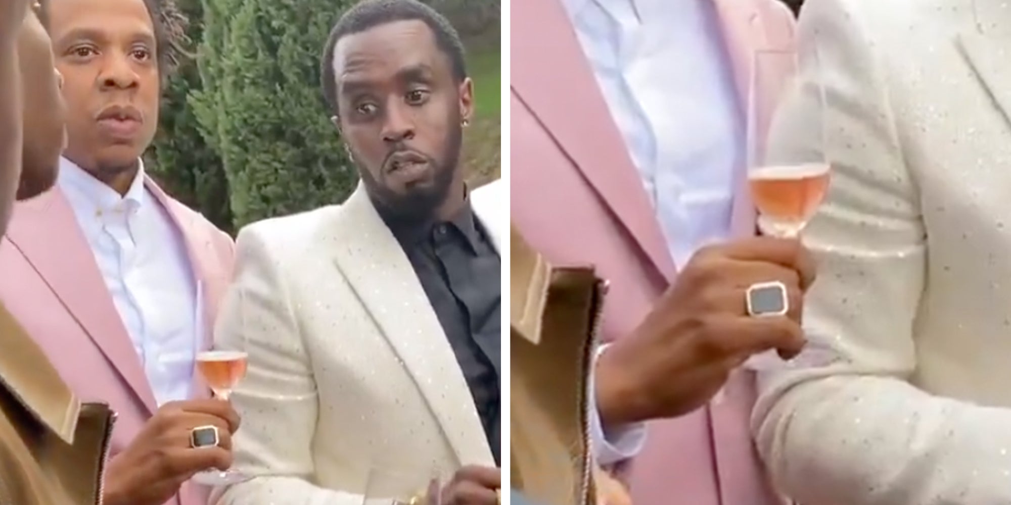 Jay-Z standing next to P Diddy wearing a black ring and holding a glass of rose wine