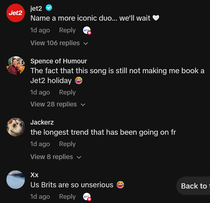 TikTok comments including one reading 'Name a more iconic duo... we'll wait'
