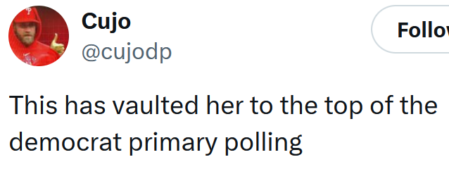 Tweet reading 'This has vaulted her to the top of the democrat primary polling'