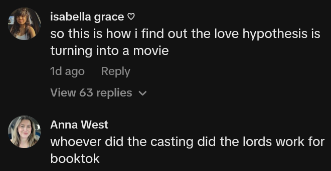 TikTok comments including one reading 'whoever did the casting did the lords work for booktok'
