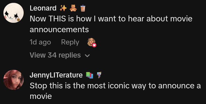 TikTok comments including one reading 'Stop this is the most iconic way to announce a movie'