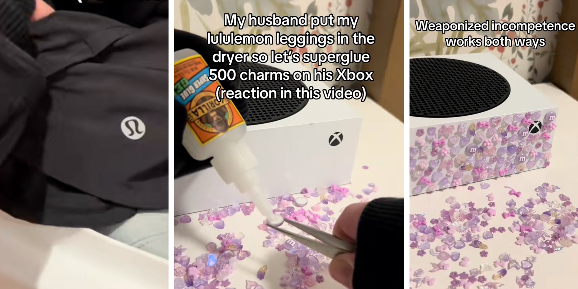 Woman supergluing charms onto Xbox
