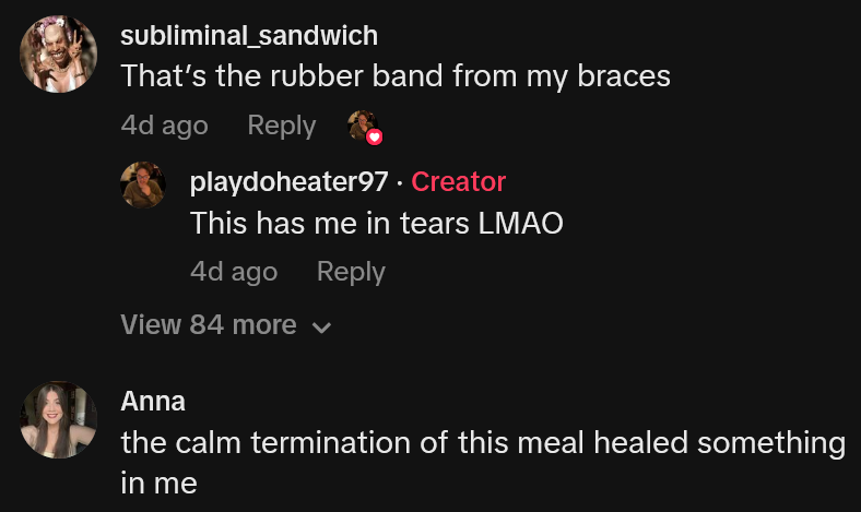 McDonald's snack wrap rotator cuff TikTok comments including one reading 'That’s the rubber band from my braces'