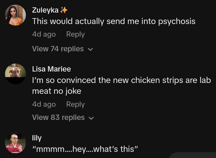 McDonald's snack wrap rotator cuff TikTok comments including one reading 'This would actually send me into psychosis'