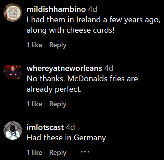 Instagram comments including one reading 'Had these in Germany.'
