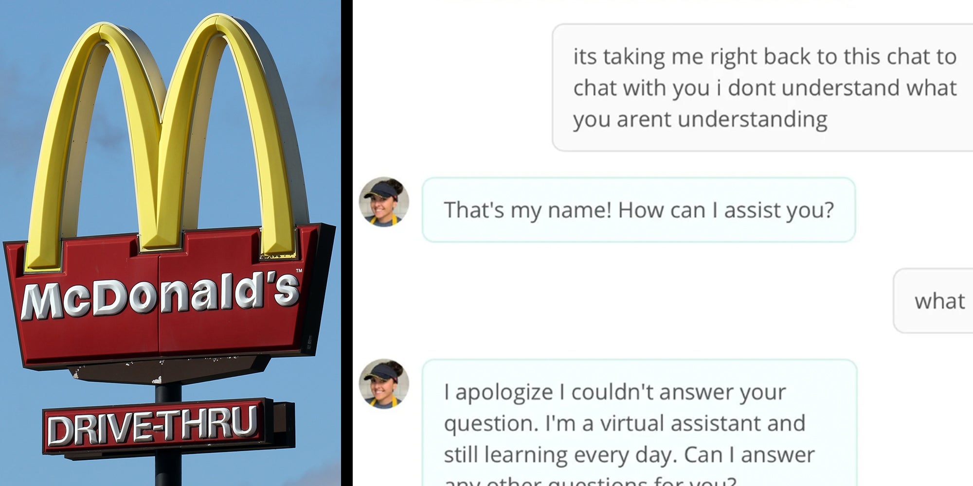 Left: McDonald's sign against a blue sky with clouds Right: Screenshots of a user interacting with a McDonald's hiring AI bot