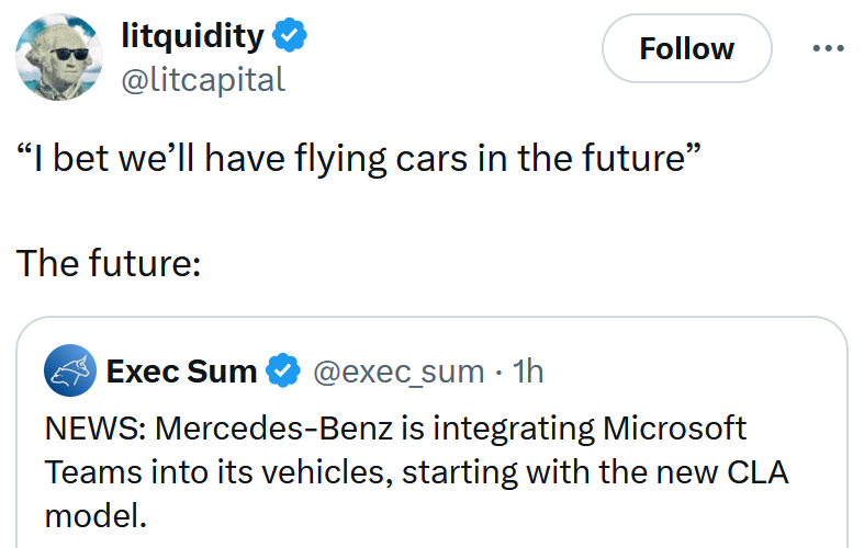 Tweet reading '“I bet we’ll have flying cars in the future” The future:'