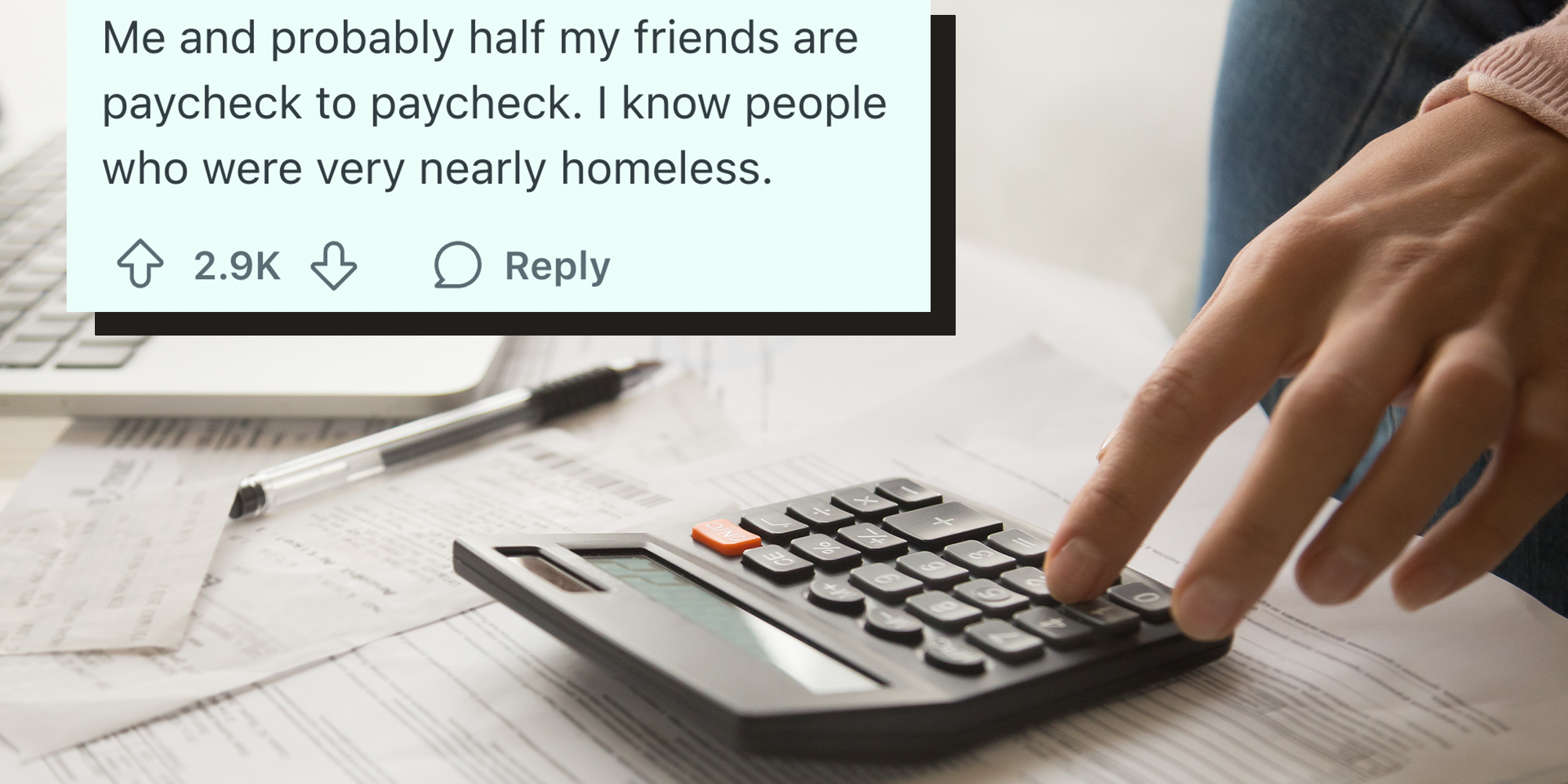 Background: 'Close up cropped image young woman calculating monthly expenses, managing budget, entering data in computer application, sitting at table full of papers, loan documents, invoices, utility bills' with caption overlay from AskReddit reading, 'Do you know any millennials who are not doing well financially?'