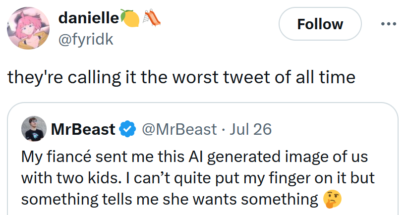 Tweet reading 'they're calling it the worst tweet of all time.'
