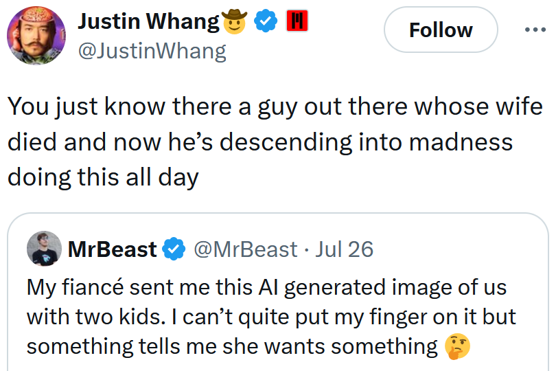 Tweet reading 'You just know there a guy out there whose wife died and now he’s descending into madness doing this all day'