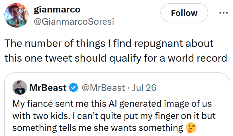 Tweet reading 'The number of things I find repugnant about this one tweet should qualify for a world record.'