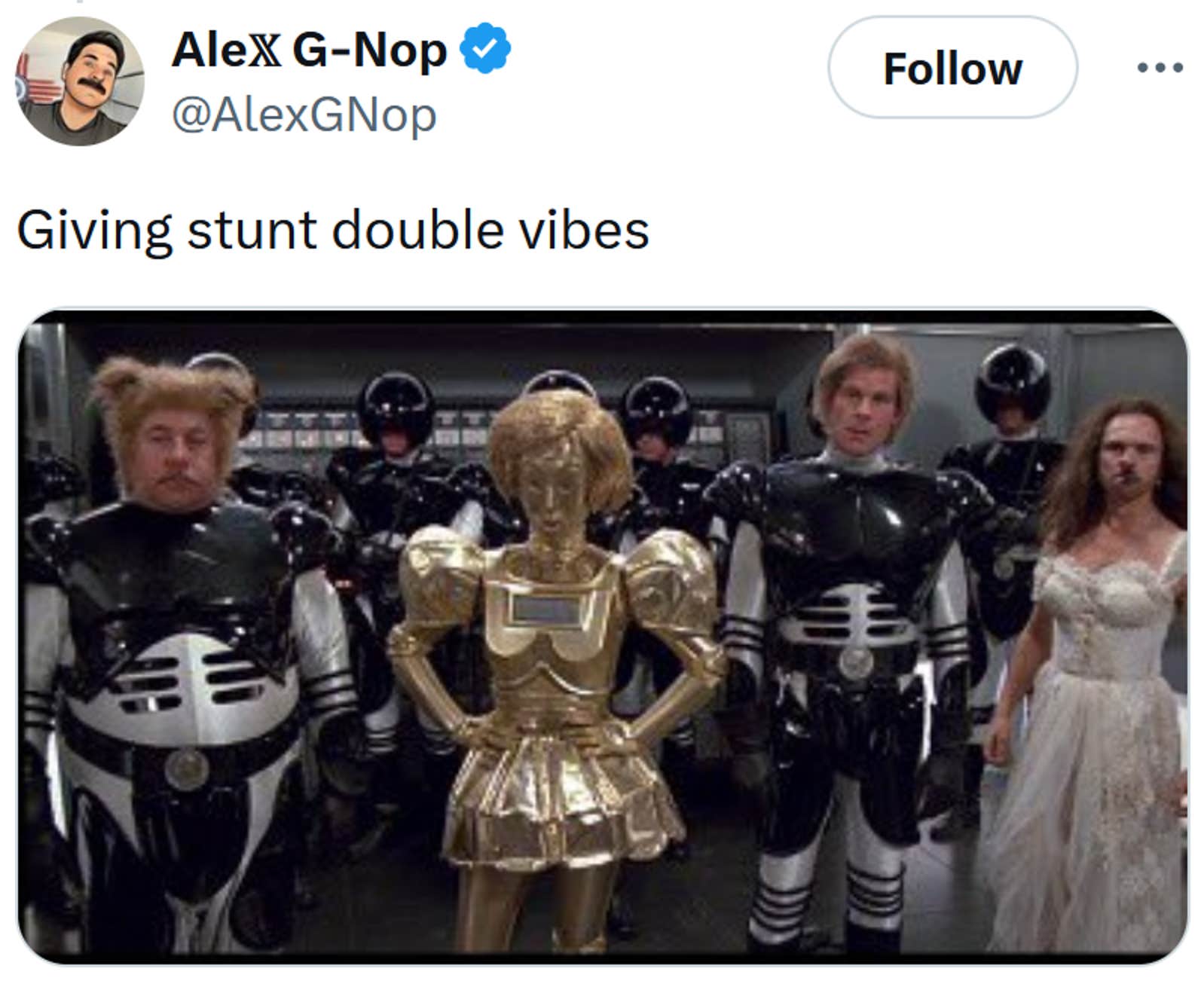 Tweet reading 'Giving stunt double vibes' with a screenshot from Spaceballs.