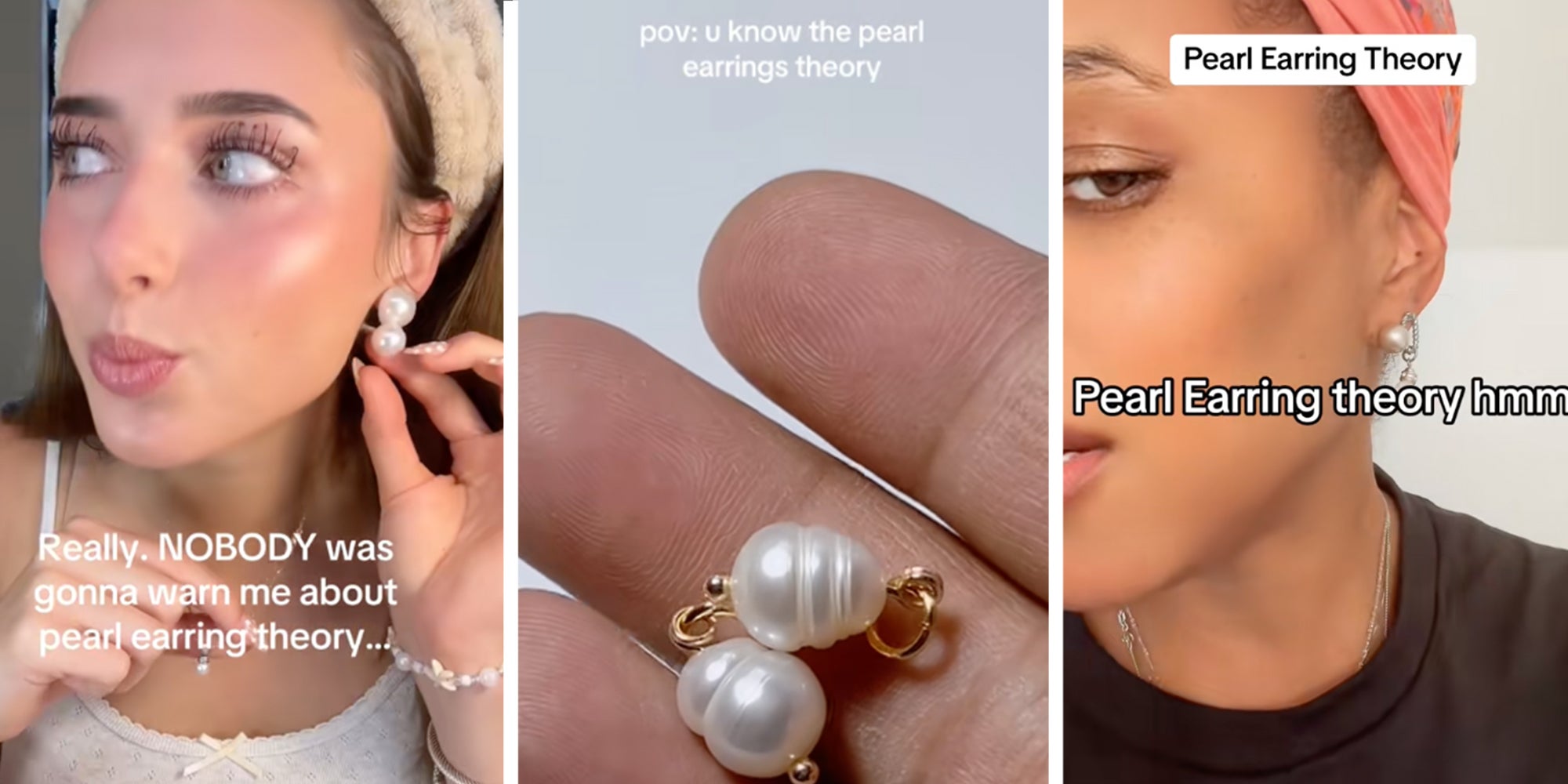 3 panel: Women wearing pearls and talking about the viral TikTok 'pearl earring theory'