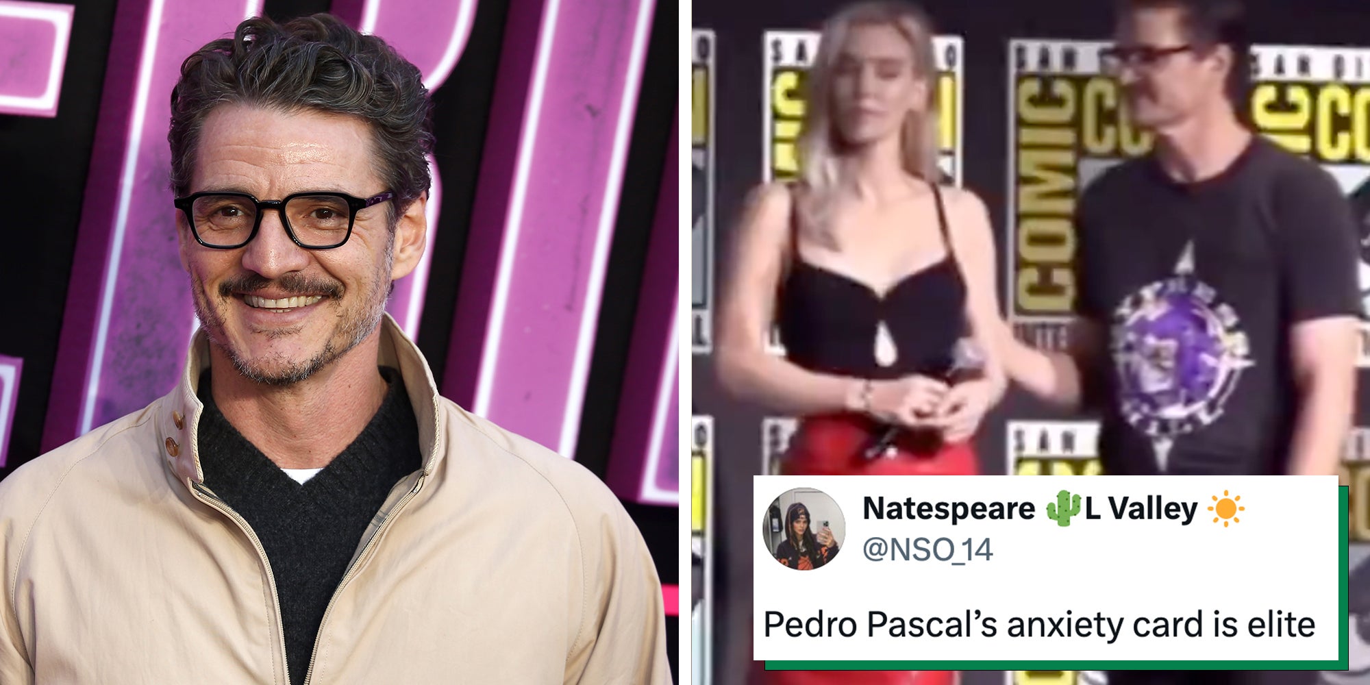 Left: May 22, 2025: Pedro Pascal attends the From The World Of John Wick Ballerina world premiere at Cineworld Leicester Square in London, England. Right: Pedro Pascal onstage touching female costar under tweet reading 'Pedro Pascal's anxiety card is elite'