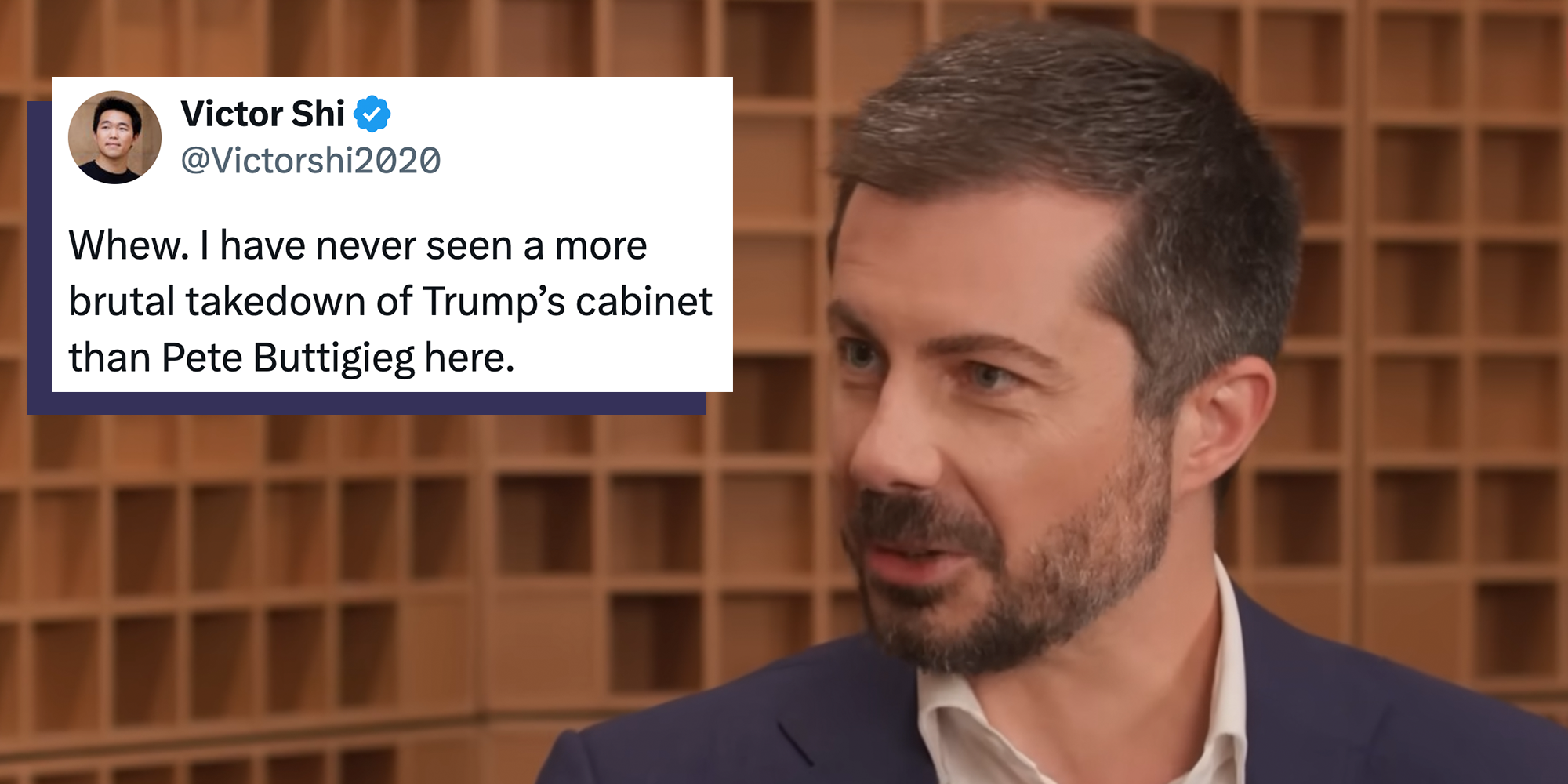 Tweet reading: "Whew. I have never seen a more brutal takedown of Trump’s cabinet than Pete Buttigieg here." over a screenshot of Pete Buttigieg on NPR speaking about President Donald Trump