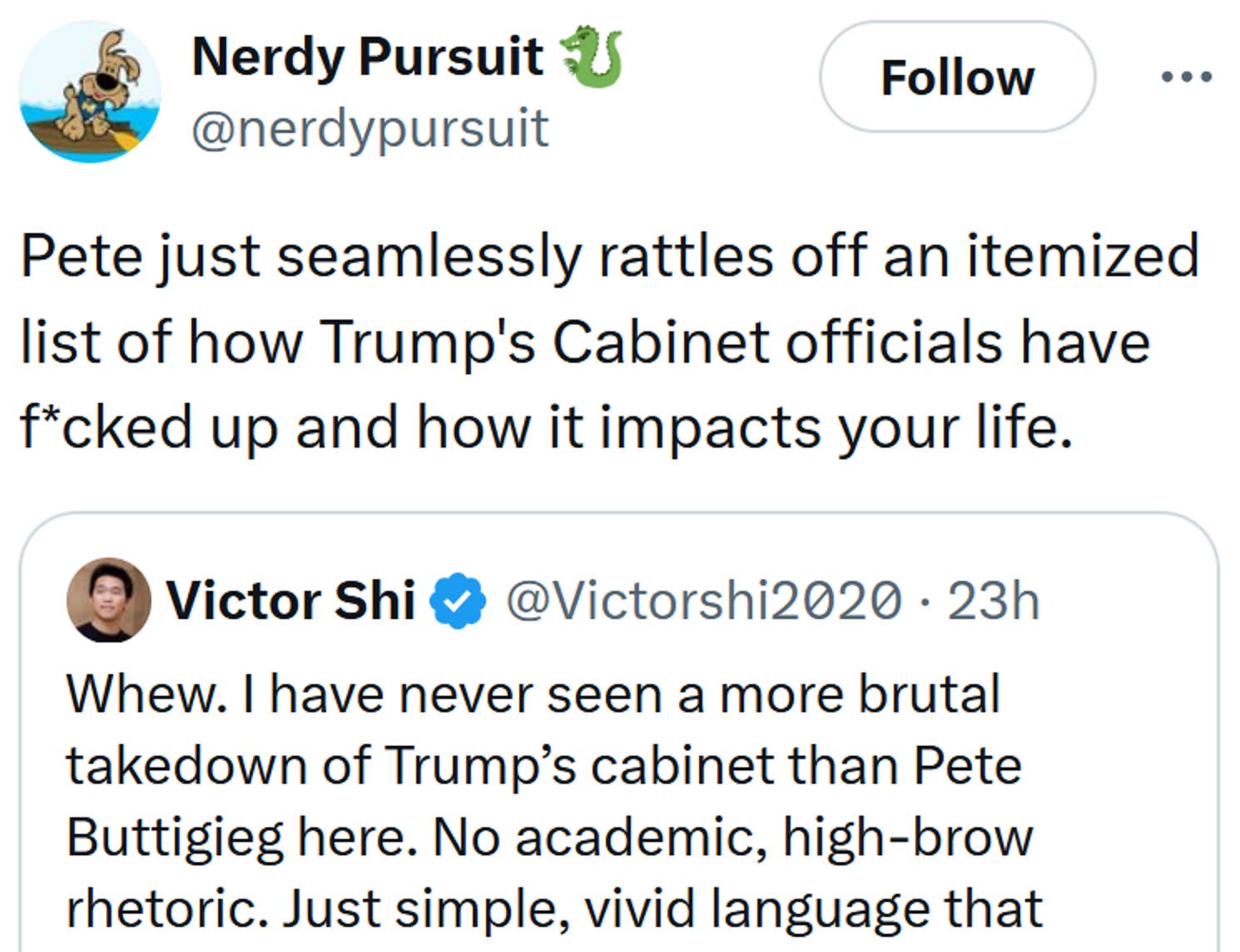 Tweet lendo 'Pete apenas abalta uma lista detalhada de como os funcionários do gabinete de Trump se depararam e como isso afeta sua vida.'