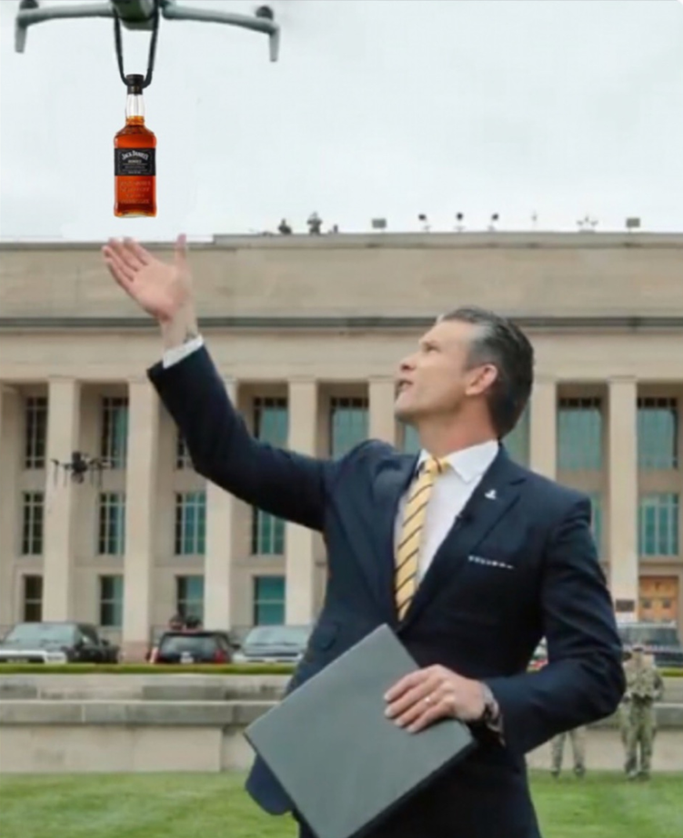 A drone delivering U.S. Secretary of Defense Pete Hegseth a bottle of Jack Daniels.