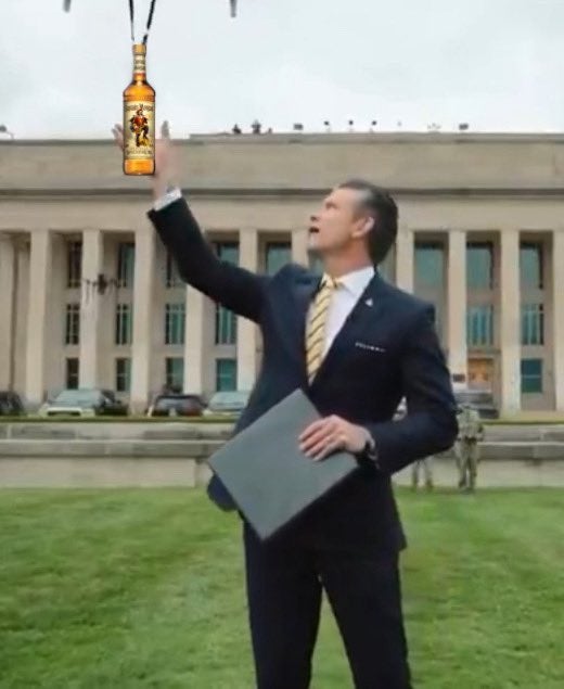 A drone delivering U.S. Secretary of Defense Pete Hegseth a bottle of Captain Morgan rum.