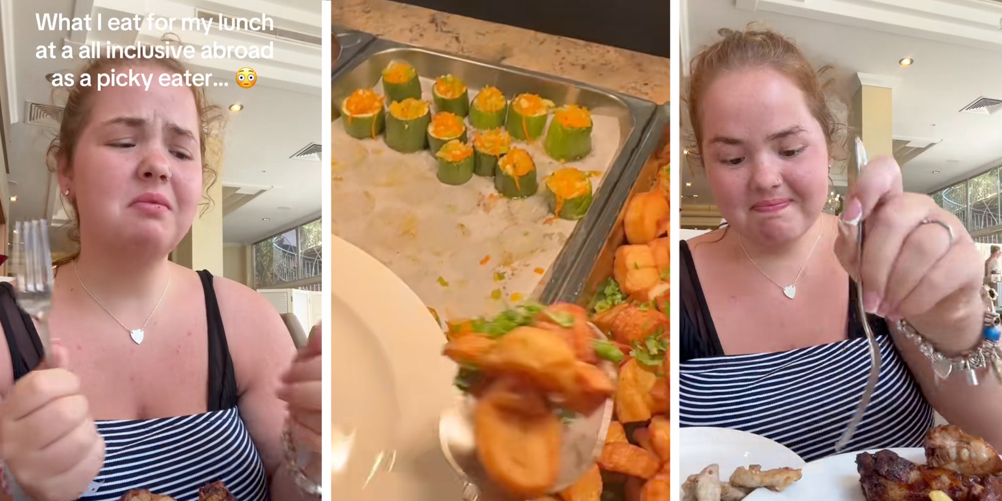 Woman making a disgusted face eating buffet food at an all inclusive resort