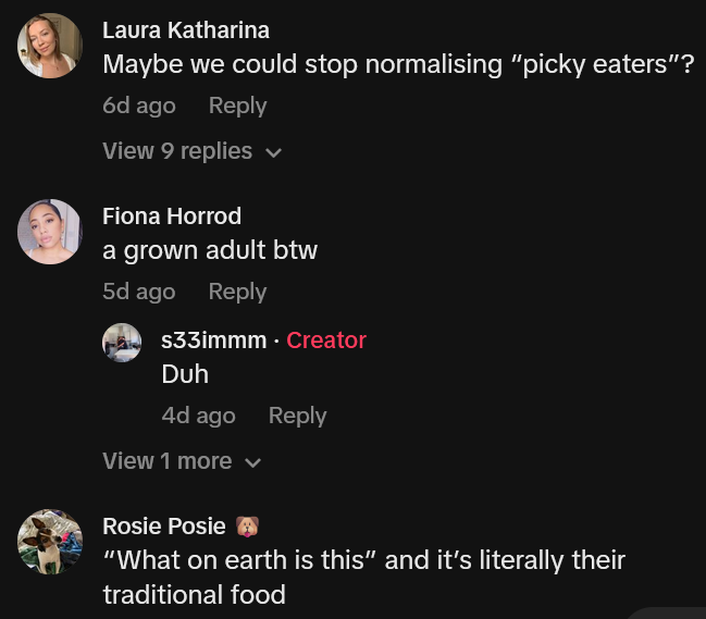 TikTok comments including one reading 'Maybe we could stop normalising “picky eaters”?'