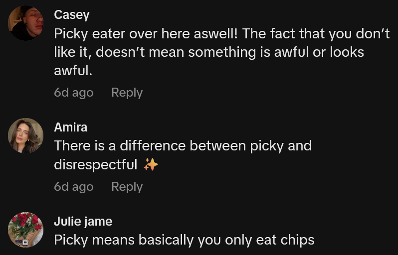 TikTok comments including one reading 'Picky eater over here aswell! The fact that you don’t like it, doesn’t mean something is awful or looks awful.'