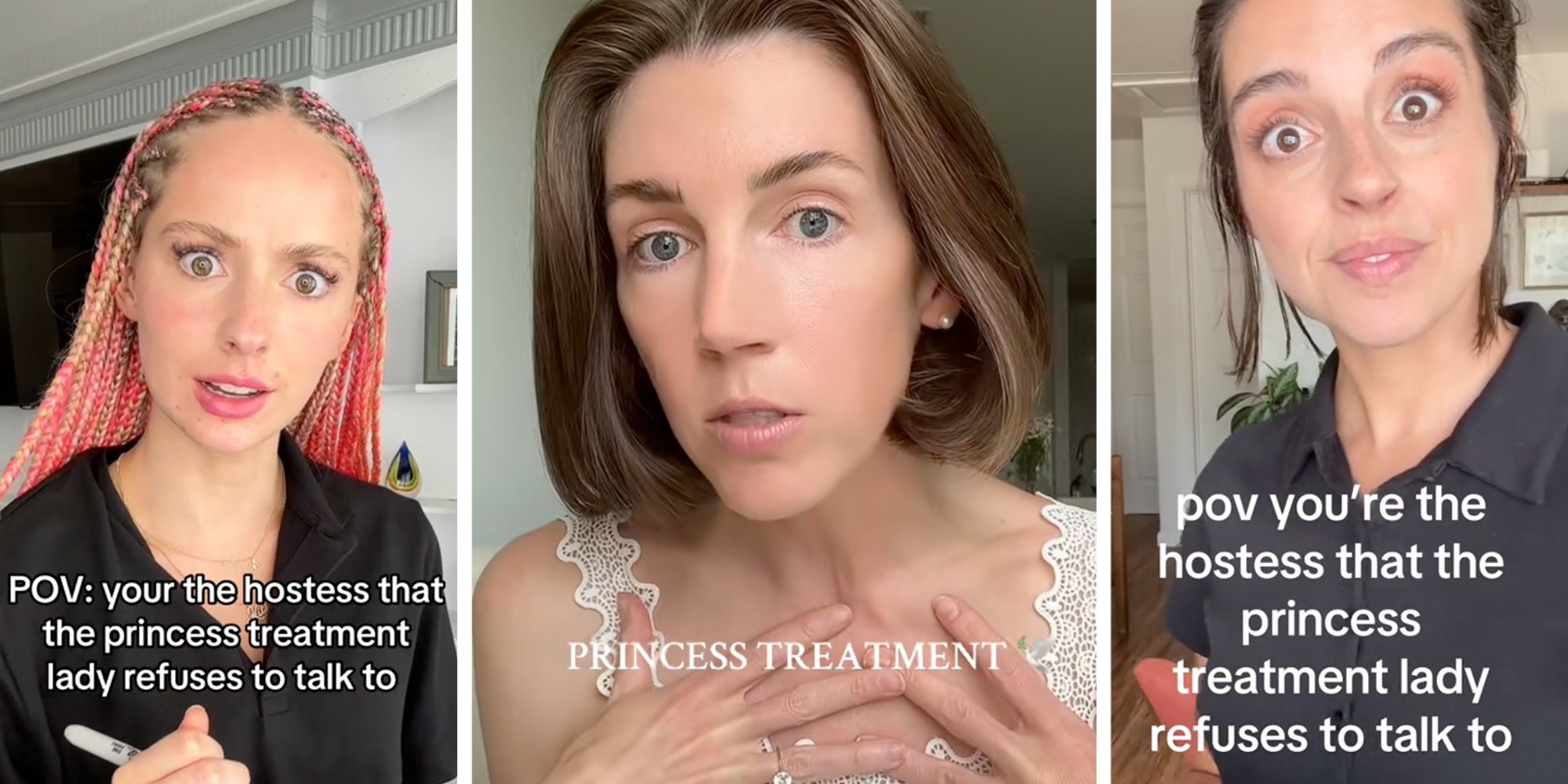 3 panel: Left: Woman parodying creator the 'Princess Treatment' girl, Courtney Joelle Middle: the 'Princess Treatment' girl, Courtney Joelle Right: Woman parodying creator the 'Princess Treatment' girl, Courtney Joelle